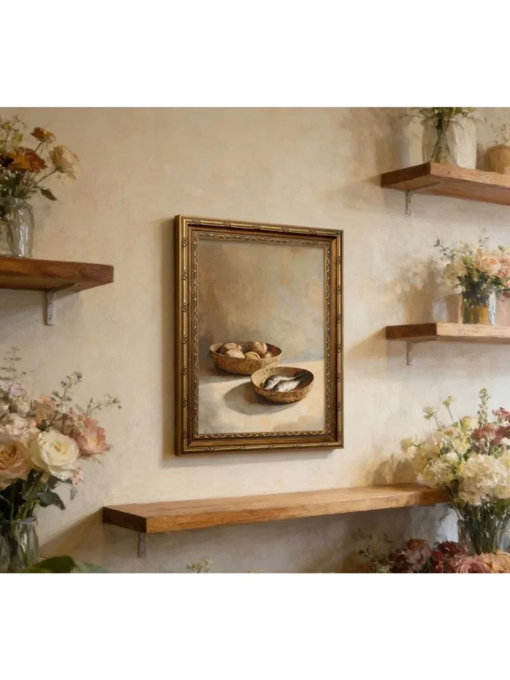 Rustic Vintage Gold Framed Still Life Canvas Art - Bread & Fish Wall Decor 12x16